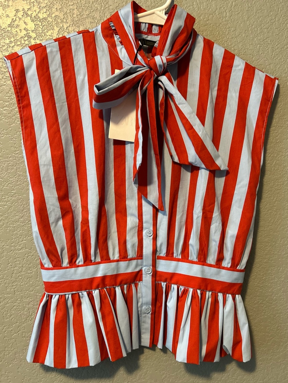 Zara Red and Light Blue Striped Tie-Neck Sleeveless Blouse - Picture 2 of 5
